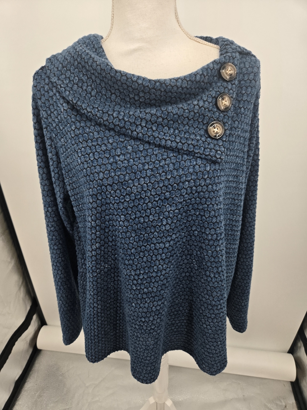 New York Laundry Blue Bubble-Knit Button Cowl Sweater Large (6731)